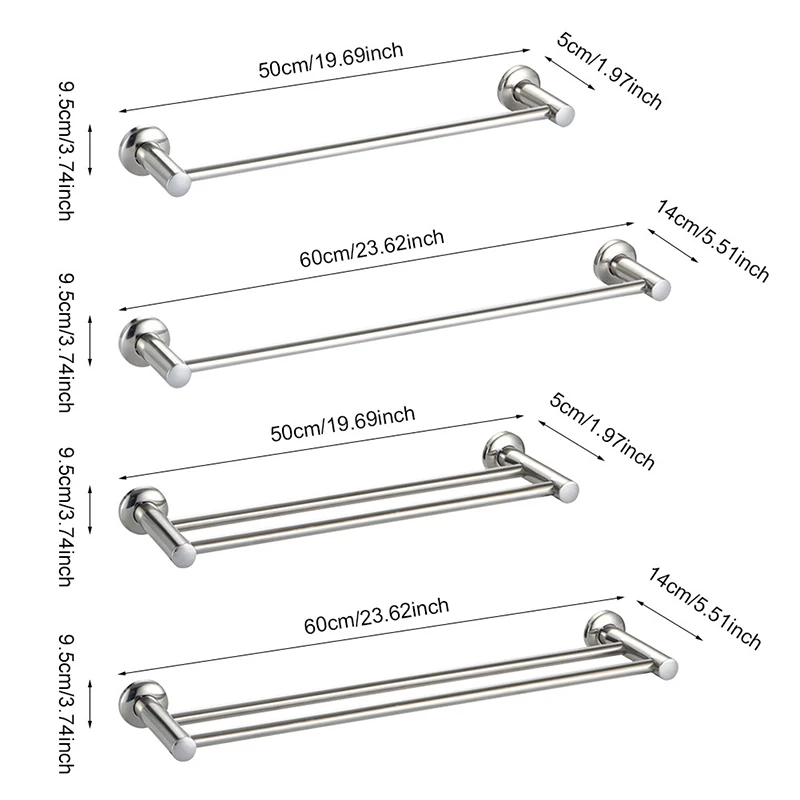 Stainless Steel Double Single Bar Towel Rack 50cm 60cm for Wall Mounted Bathroom Organizer Storage Shelf - view 6