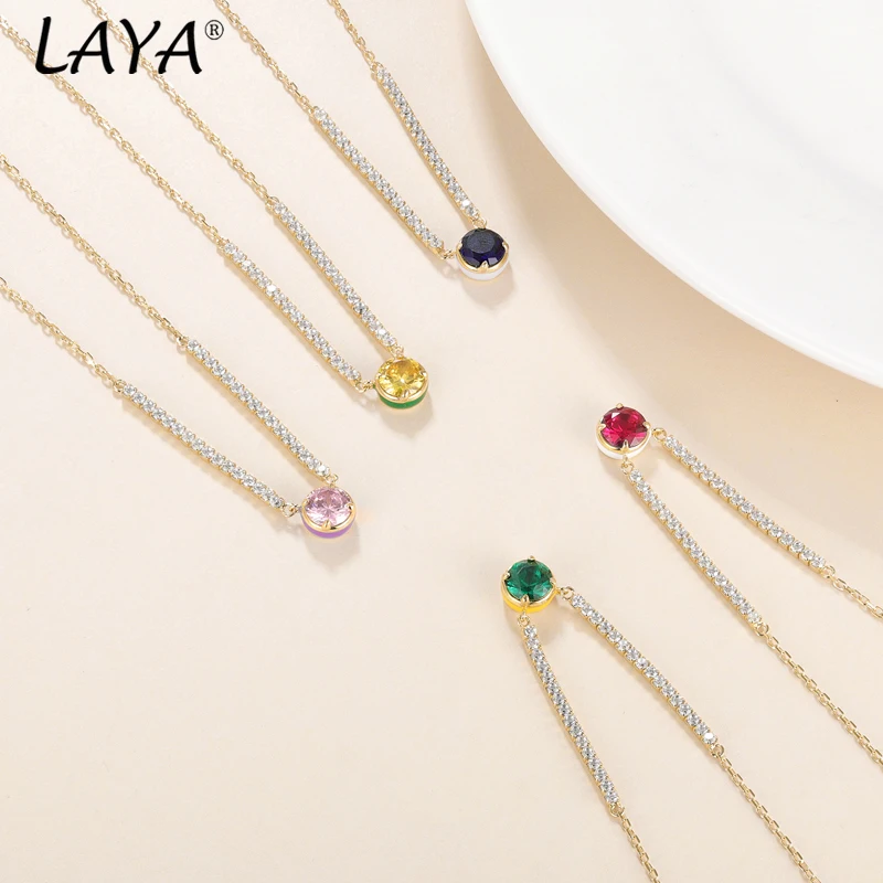 Laya 100% 925 Sterling Silver Round Colored Zircon Women's Necklace Gold Transparent Zircon Pink Pendant  Luxury Wedding Gift