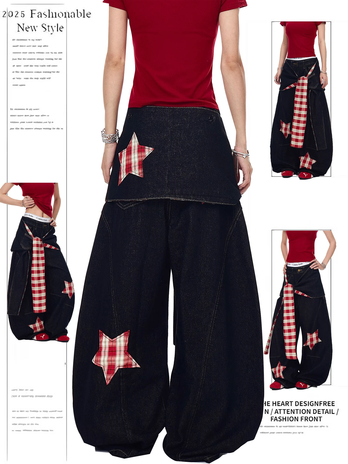 

American Retro Star Plaid Splicing Denim Pants Women Summer New Sle Fake Two-Piece Wide Leg Knife Pants