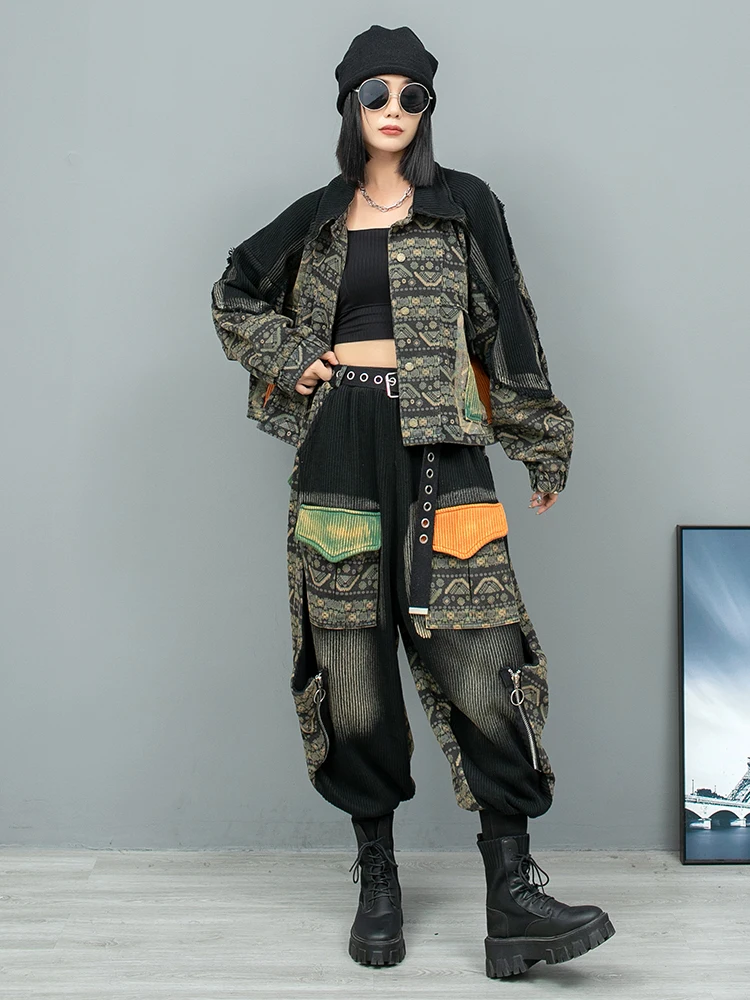 New Personality Distressed Contrasting Stitching Denim Lapels Long-sleeved Jacket Harem Pants Two-piece Set Women's Fashion Suit