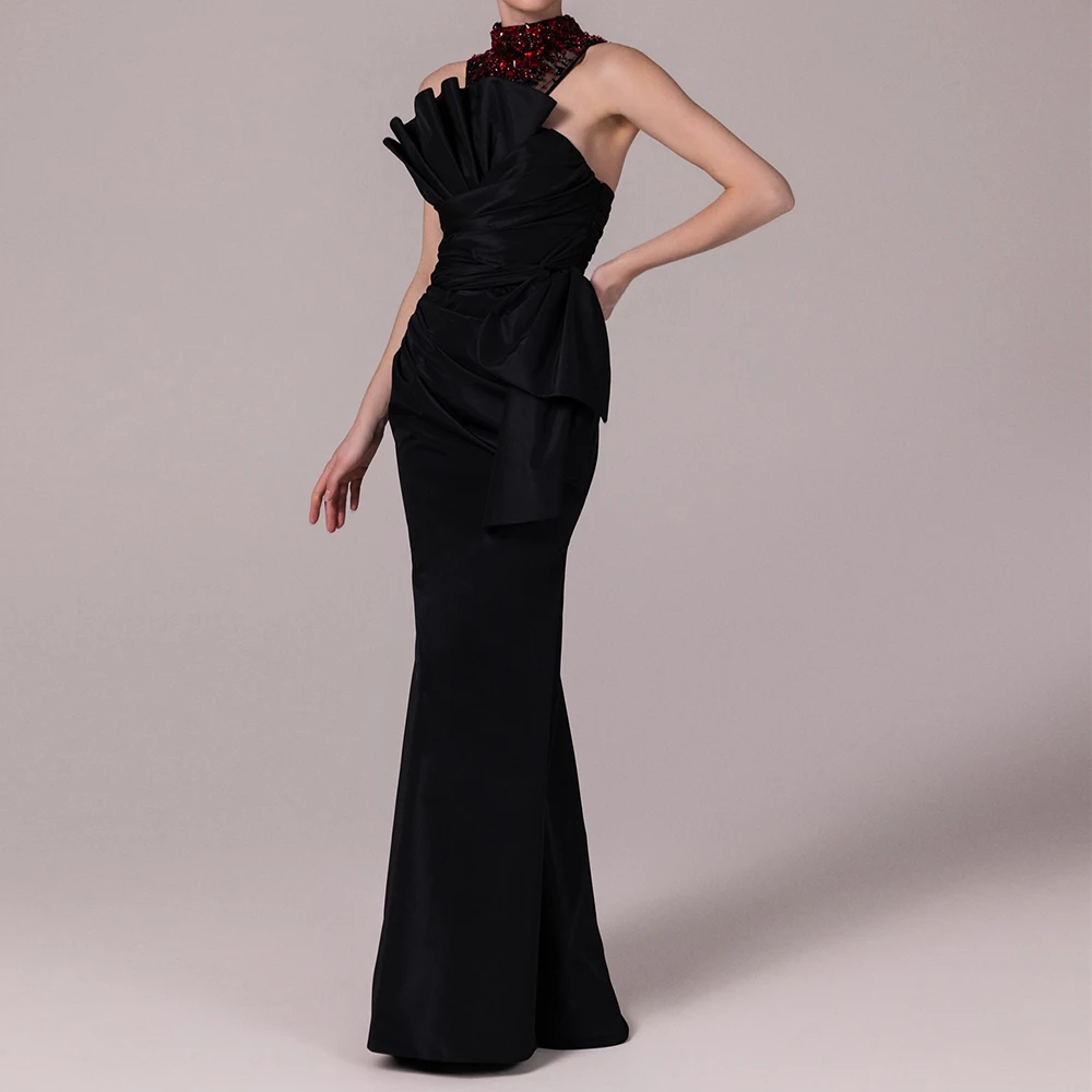 

Customized Mermaid Evening Dresses Floor-length High-neck Sleeveless Prom Gown Fashion Crystal Simple Draped Casual Party Gown
