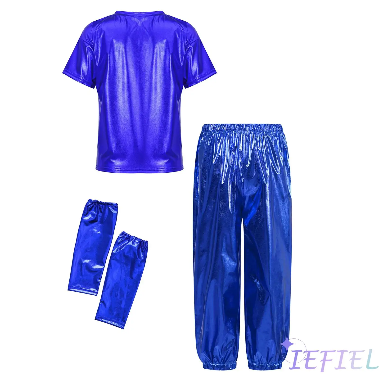

Unisex Kids Jazz Dance Outfit Hip-hop Costume Short Sleeve Metallic Shiny T-shirt Pants Gloves for Jazz Dance Party Performance