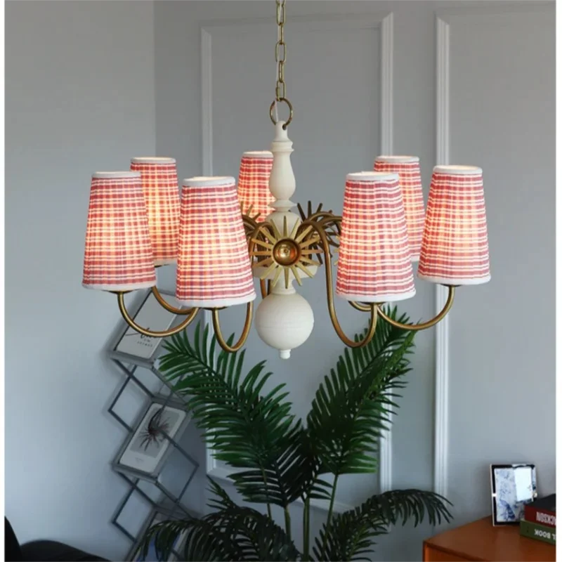 Red stripes cloth lampshade chandelier American country vintage sunflower pendant lamp for living room bedroom dining room Light