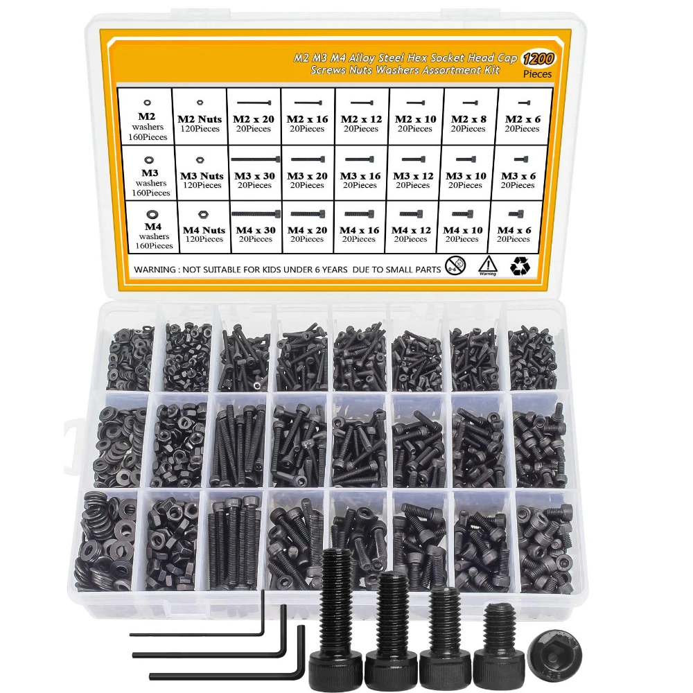 

1200pcs Black Cylindrical Head Hexagon Socket Screw Cup Head Screws Nuts Flat Washer Box 2-30mm 40Cr Alloy Steel Nut & Bolt Sets