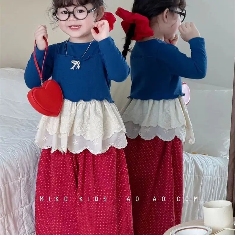 Korean Children's Clothing Set Baby Girls Spring Autumn Long Sleeves knit Bottoming Shirt +Vest +Short Skirt+ Red Loose Pants