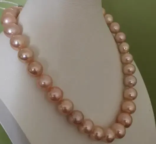 

11-13mmAAA round gold pink pearl necklace 18inch