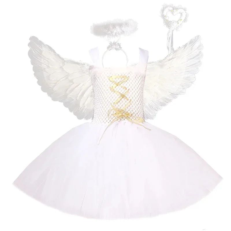 White Angel Heaven Christmas Fancy Dress Up Costume for Girls Cosplay Halloween Party Tutu Dress Princess Fairy Kids Outfit