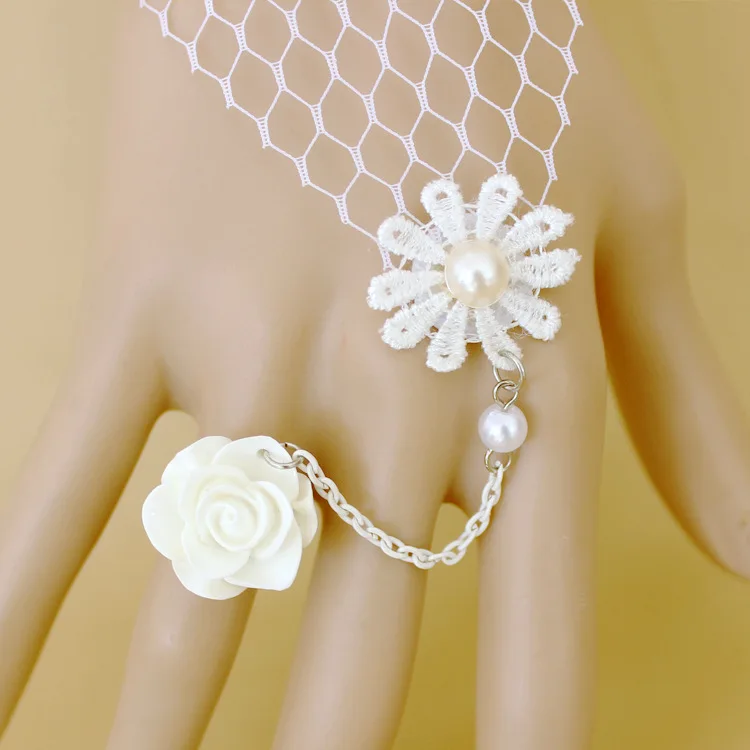 Lolita-pulsera de encaje de princesa, anillo de pulsera de perlas, lazo de flor rosa, accesorios dulces