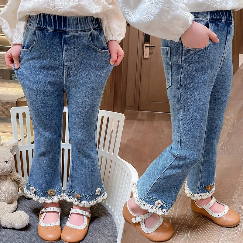 

New Girls' Jeans Spring and Autumn New Casual 2-9 Year Old Children's Loose Flare Pants Lace Pearl Girls' Floral Denim Pants