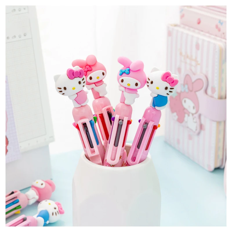 17Cm Sanrios Kawaii Kitty Mymelody Cute Cartoon Multi-Color Pen Ballpoint Pen 6-8 Color Ballpoint Pen Color Pen