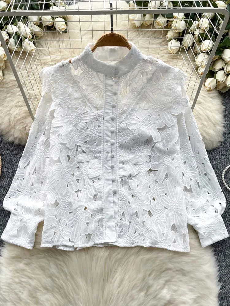 Vintage Lace hollow out blouse for women 2024 Summer Beach Luxury Lantern sleeve shirt Lady Solid color Top Pink INKEO 4T190