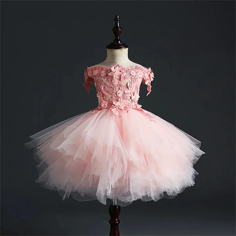 Vestidos de niña de flores desmontables rosas para bodas, vestido de baile sin hombros, vestidos de tul para primera comunión, niños pequeños, bebé