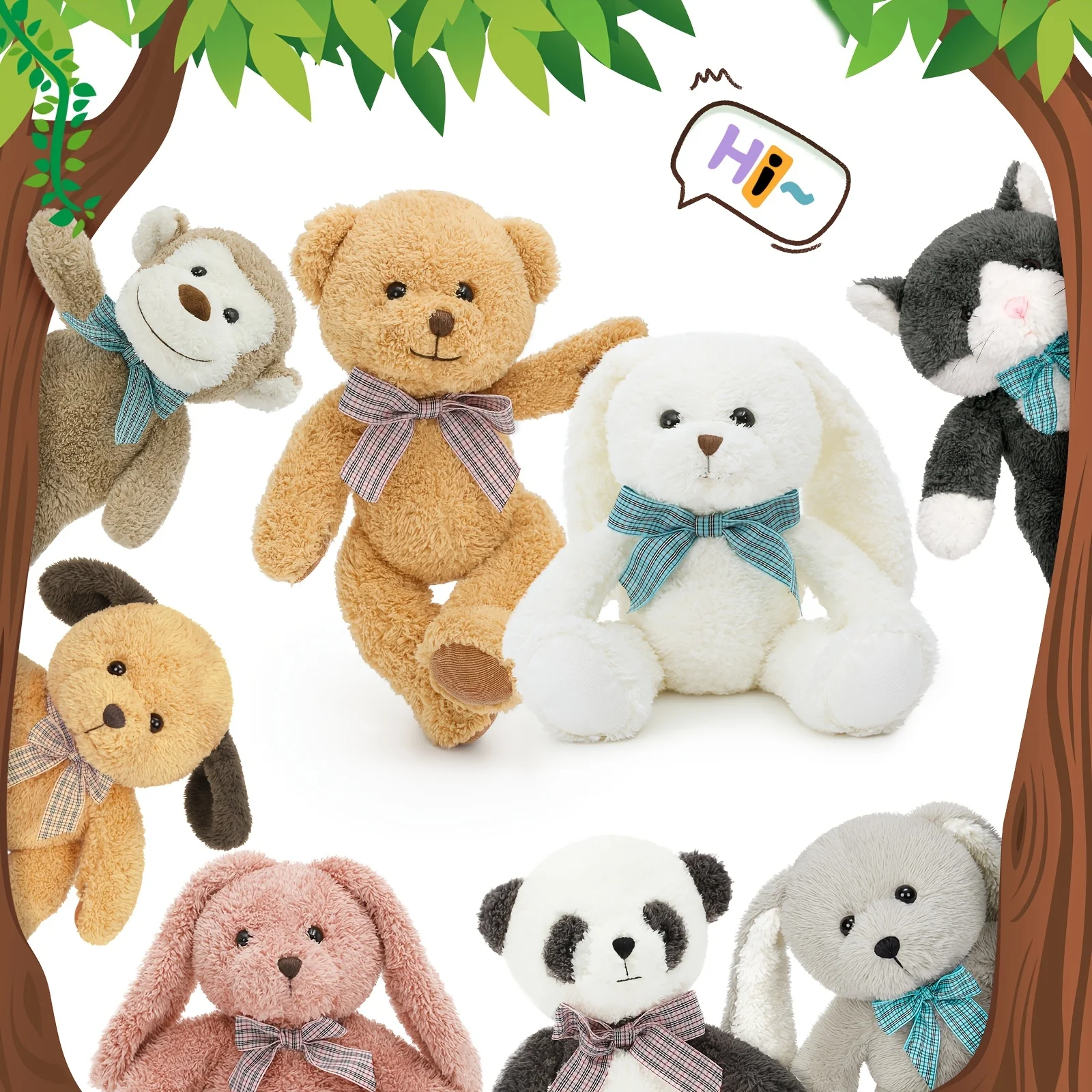 8-teiliges Plüschtier-Set für Jugendliche – 33 cm weiche Polyester-Stofftiere, einschließlich Bär, Hund, Katze, Panda, Affe und Hasen