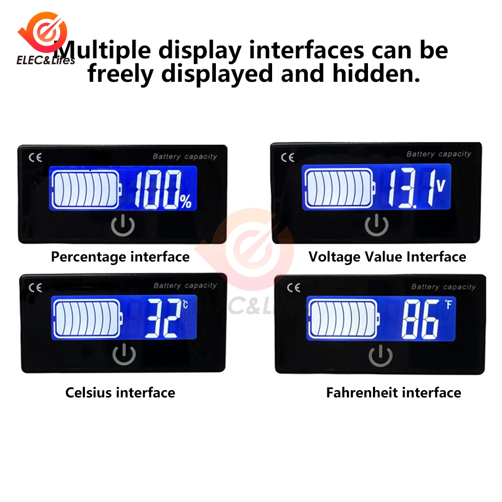 DC 8-100V Multifunctional Battery Capacity Indicator Lead-acid Lithium LiFe PO4 Voltage Tester With Temperature Alarm ℃/℉ Switch