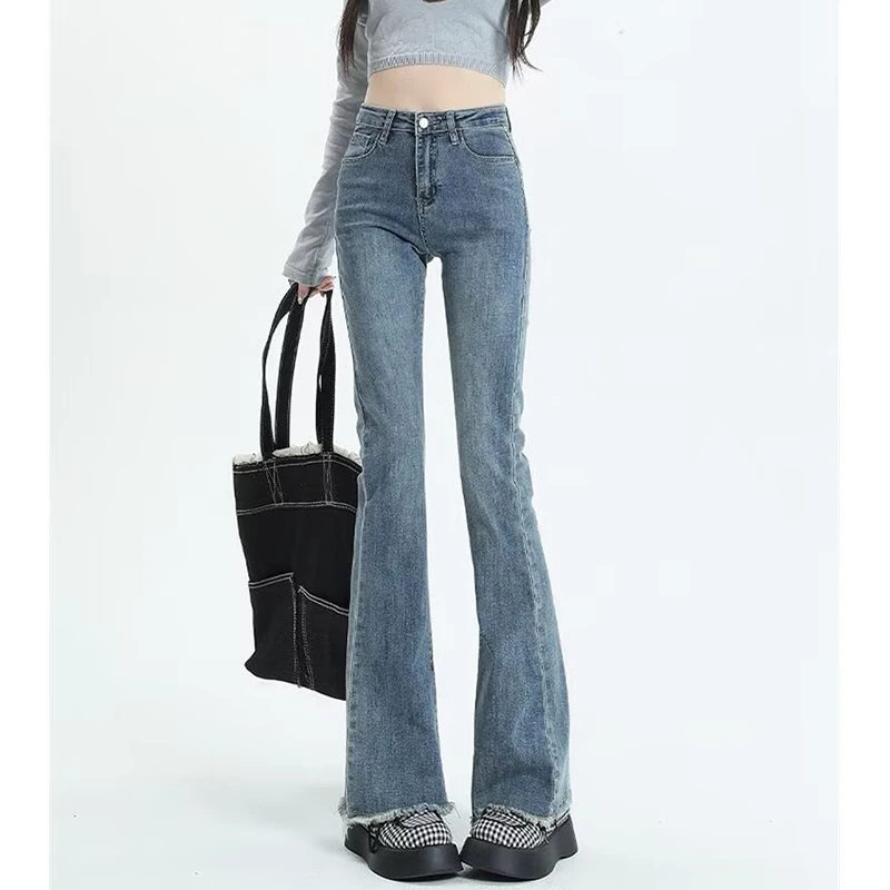 Hot Sale Lady Korean Solid Flared Jeans Women Fashion High Waist Leisure Trousers Girls Classic Basic Thin Denim Pants