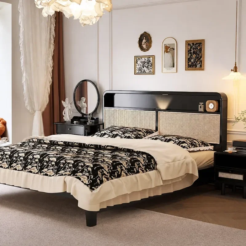 Nordic Retro Solid Wood Bed with Black Rattan Headboard French Wabi Sabi Style Double Bed for Master Bedroom Minimalist
