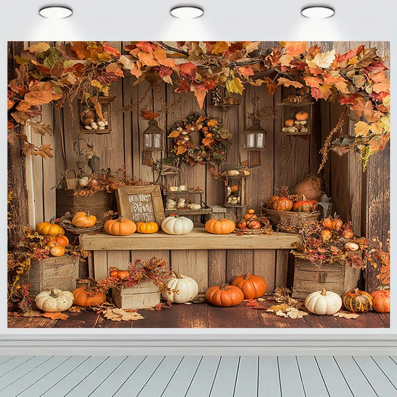 Halloween Day Autumnal Pumpkins Photography Backdrops Props Maple Leaf Scarecrow Farm Harvest Thanksgiving Background WJ-25