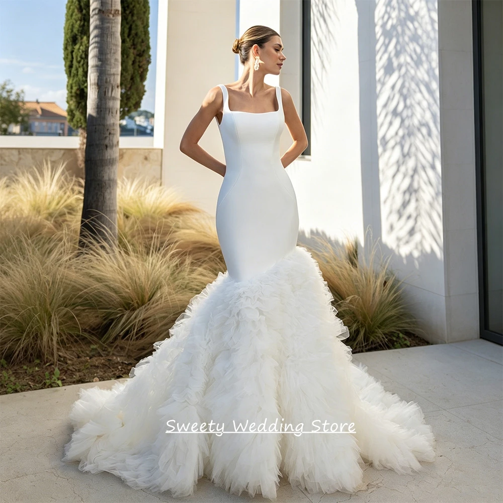 Modernes Meerjungfrau-Hochzeitskleid Maßgeschneidert Ärmellos Quadratischer Ausschnitt Offener Rücken Rüschen Tüll Brautkleid für Frauen