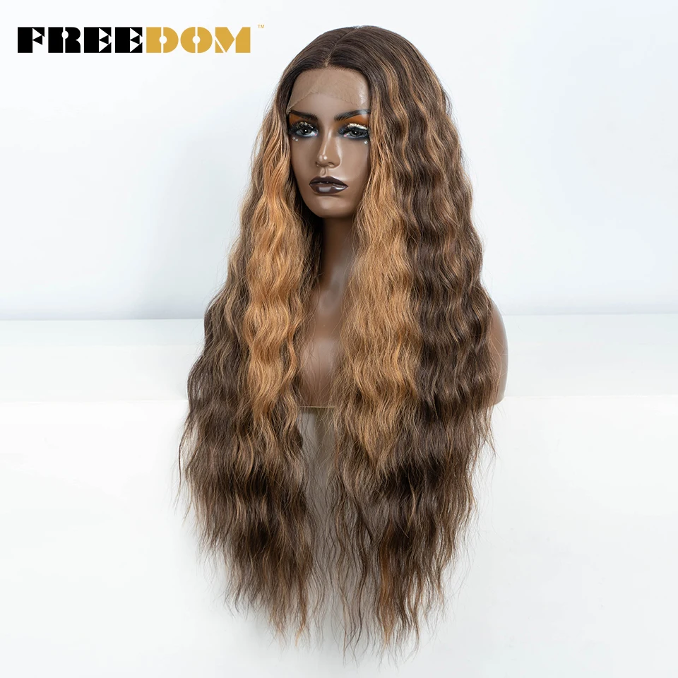 FREEDOM Synthetic Lace Frontal Wigs For Women 30 Inch Curly Wavy Ombre Highlight Ginger Lace Wigs Heat Resistant Cosplay Wigs