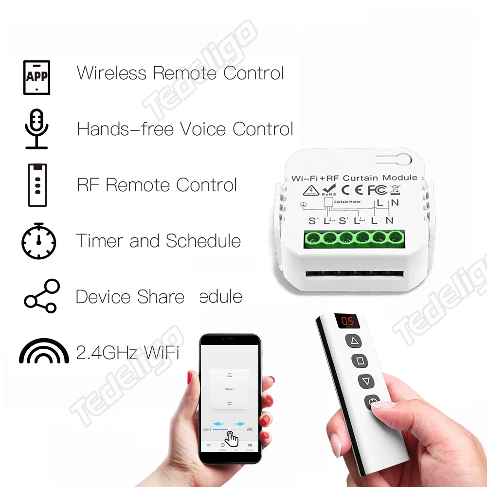 WiFi RF433 Roller Blinds Curtain Switch with 5CH Remote Control for Electric Roller Shutter Tuya Smart Life Google Home Alexa