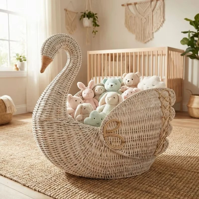 Swan‑Shaped Rattan Woven Storage Bin Home Organizer for Doll Books Sundries Home Decoration