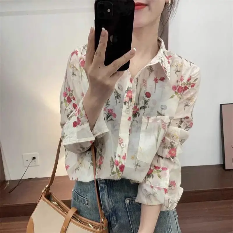 Korean Commute 2024 Spring Summer New Blouses Women\'s Polo Collar Printed Spliced Pockets Loose Casual Long Sleeve Button Shirts