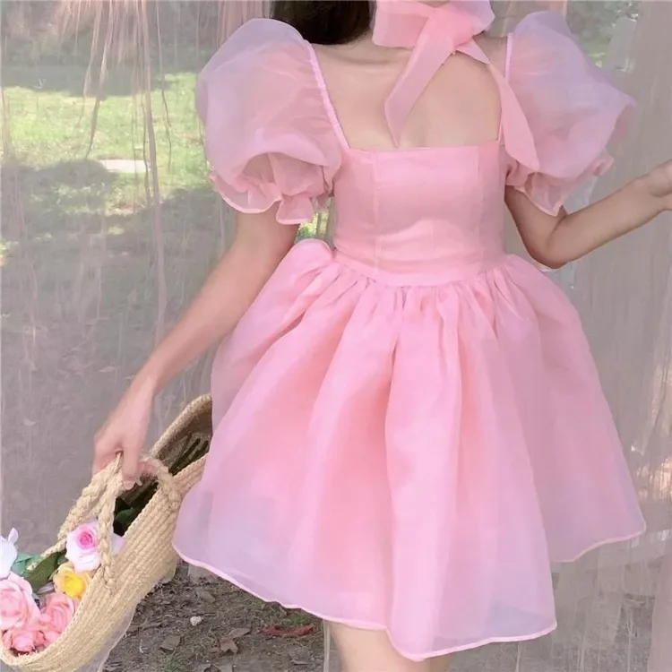 Korejepo Sweet Bubble Sleeve Pink Dress Super Fairy French Square Collar Waist Thin Princess Mesh Dresses Appointment Vestido