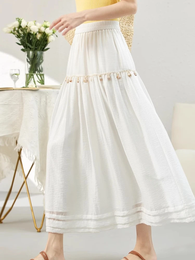 VIMLY Midi Skirts Women's Summer Bohemian 2025 Summer Bohemian Shell Woven White Loose Casual Bud Skirt Woman Clothing A1893
