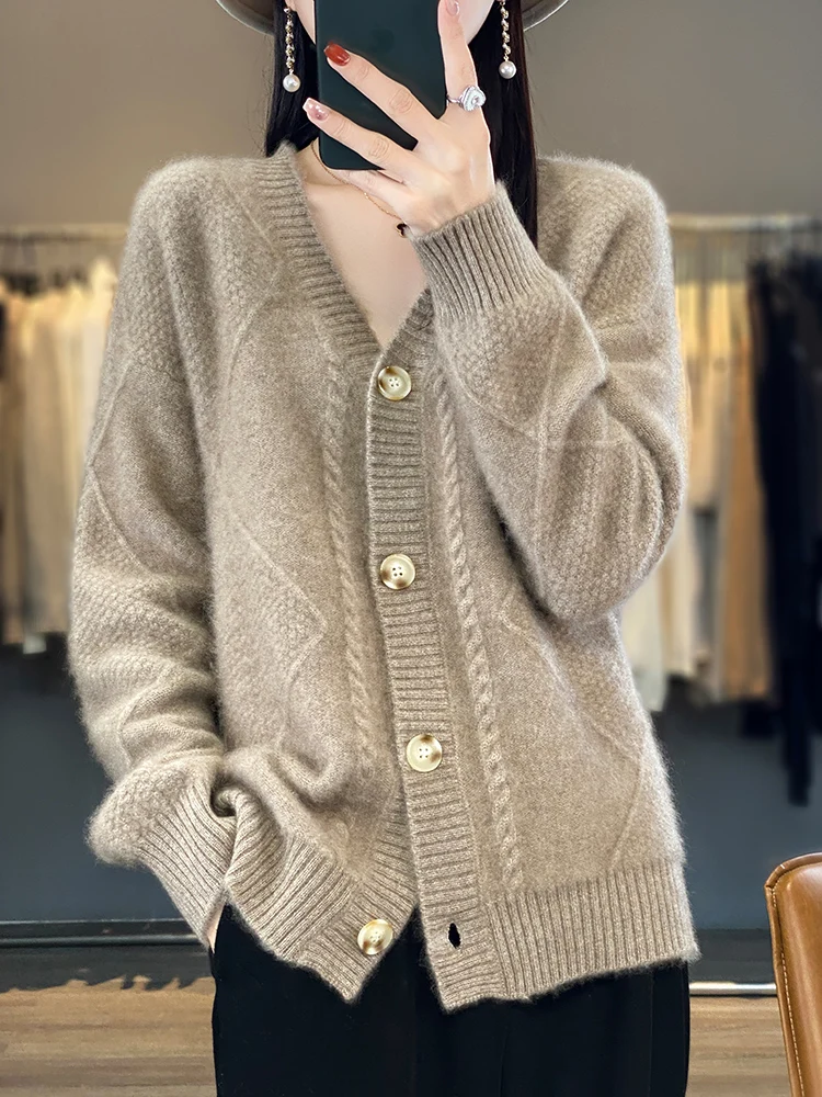 

Women's Cashmere Sweater V-neck Cardigan 100% Merino Wool Knitwear Autumn Winter Thick Twist Flower Long Sleeve Clothing Tops