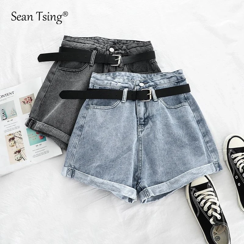 Sean Tsing® 2023 Summer Women Jeans Shorts Blue Black High Waist Casual Loose Streetwear Denim Hot Pants Rolled Edges Trousers