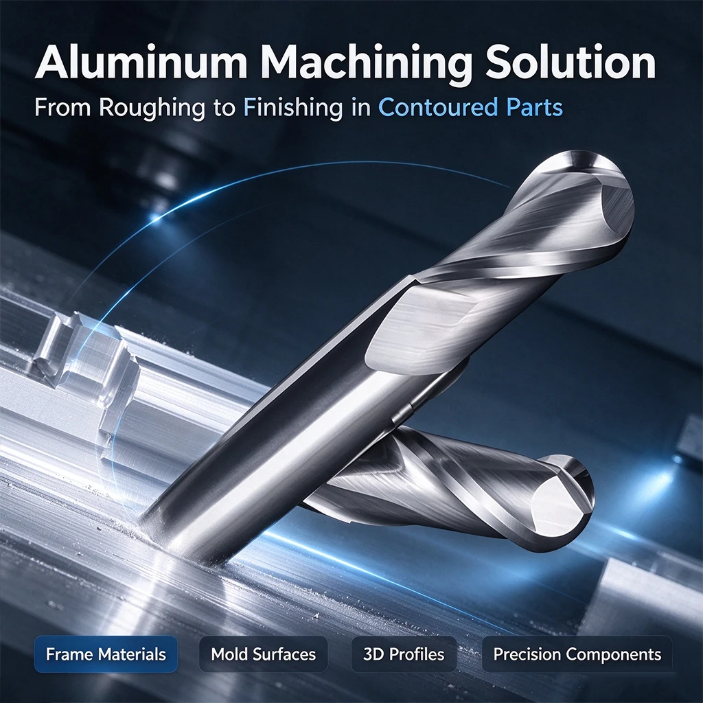 2 Flute Ball Nose End Mill Solid Carbide Cnc Milling Cutter for Aluminum Copper Plastic, Center Cutting Ball Nose Router Bit Hrc