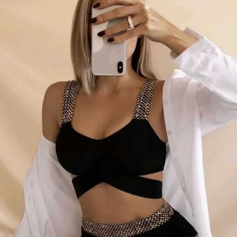 

2025 Swimsuit European and American Style Two-Piece Bikini High Waist Solid Color New Swimwear Sports Sexy Women