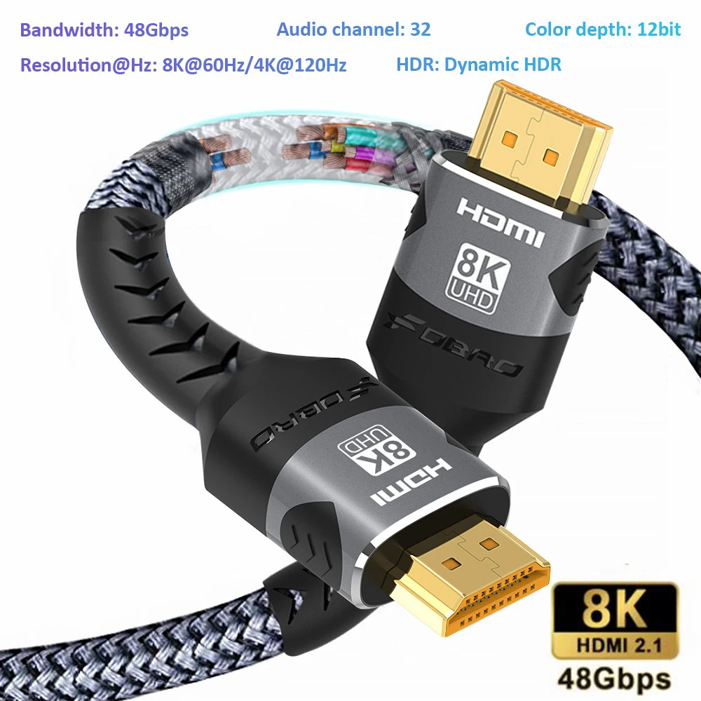 

8K HDMI-совместимый кабель 4K при 120 Гц 8K при 60 Гц HDMI 2.1 Кабель 48 Гбит/с Адаптер для видео RTX 3080 eARC HDR Кабель ПК Ноутбук ТВ-приставка PS5