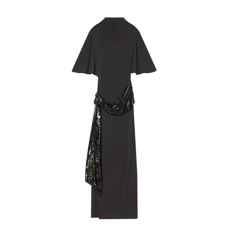 Women's Dress 2025 Winter New Black Short-Sleeve Belt Decorated with Sequins Midi Fashion Dress Stylish and Elegant