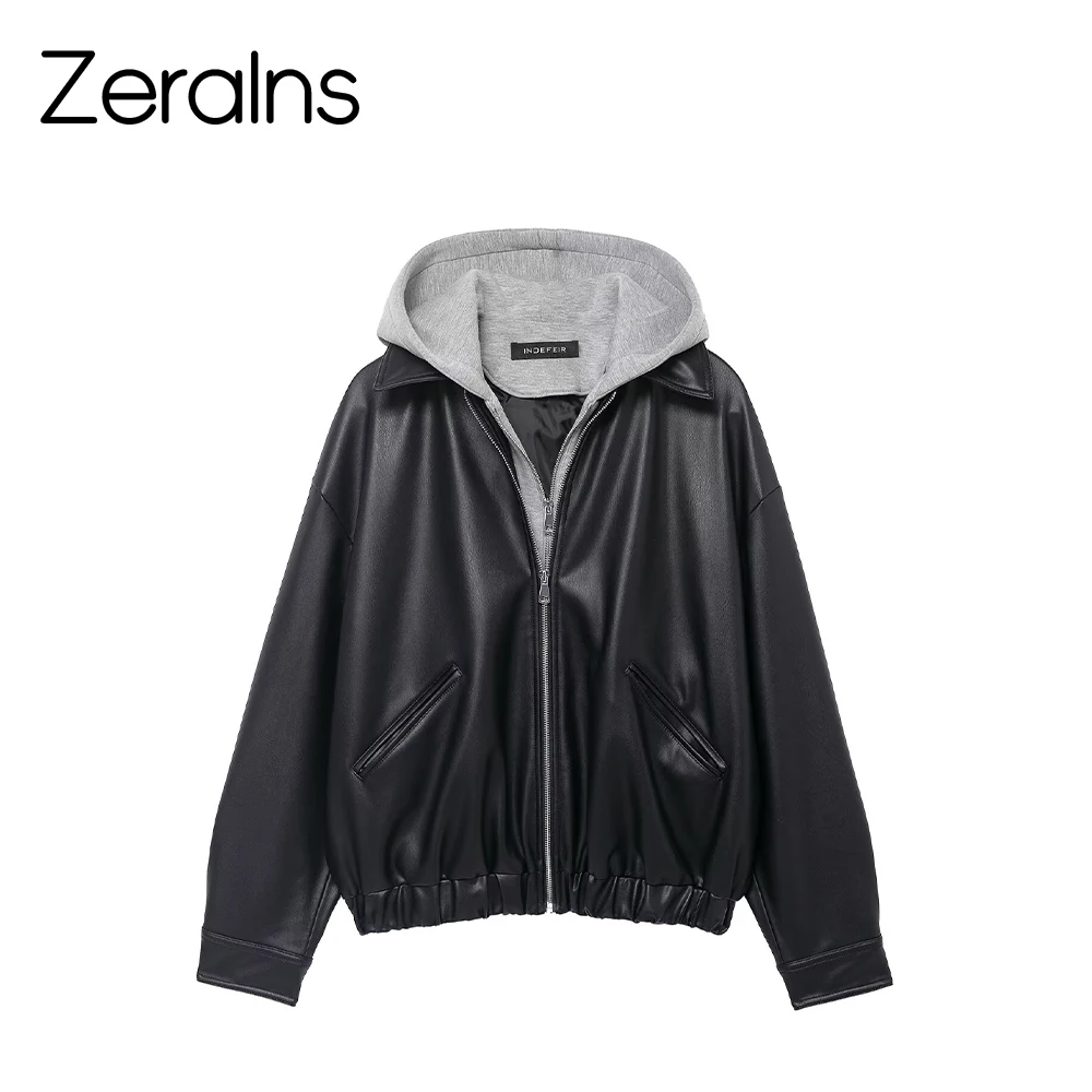 

ZERAINS Zipper hooded sweatshirt style leather jacket with winter new style splicing leather effect jacket jacket