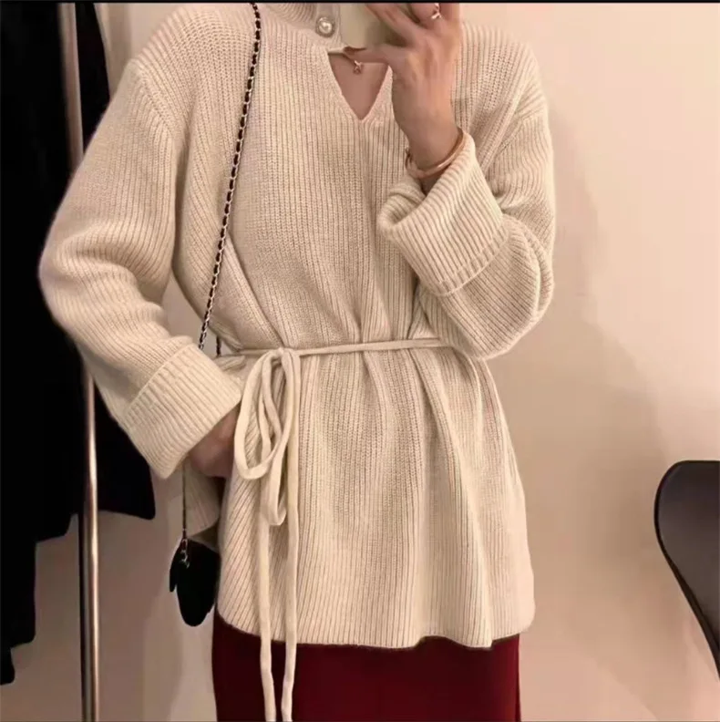 Sexy and Careful Machine Hollowed Out Sweater for Women New Korean Style Temperament High-end Feeling Lace Up Waist Cinching