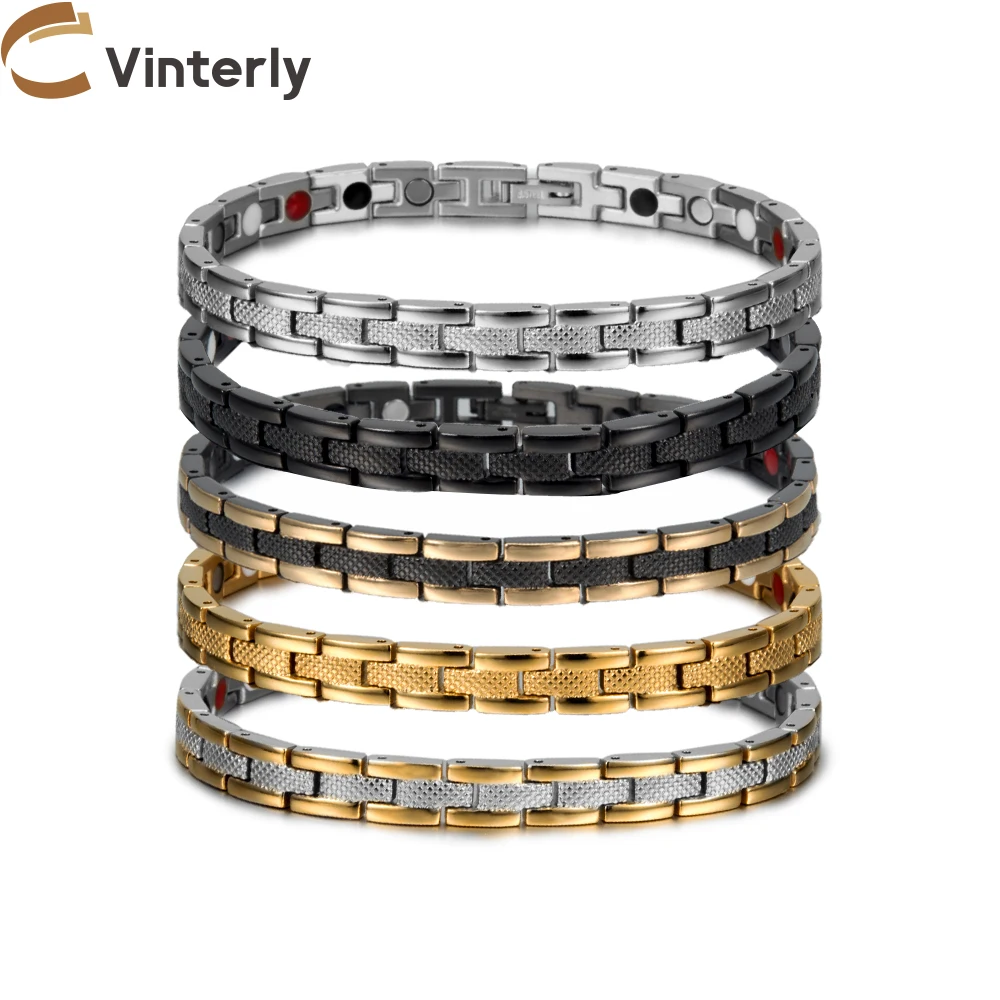 Vinterly Energy Magnetic Bracelet Women Chain Link Gold-color Stainless Steel Bracelets Femme 20cm Therapeutic Magnetic Jewelry