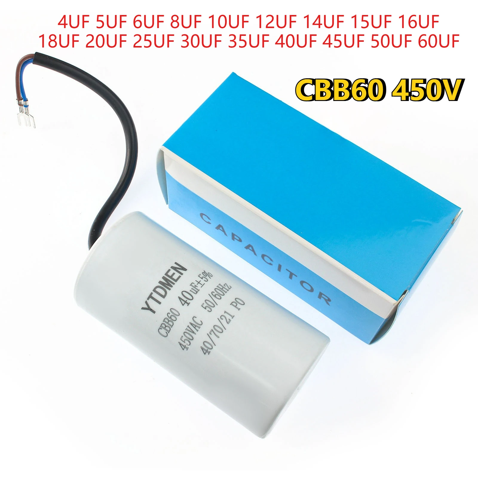 1PC CBB60 ตัวเก็บประจุ 450V 10UF 12UF 16UF 20UF 30UF 40UF 50UF 60UF มอเตอร์วิ่งตัวเก็บประจุเริ่มต้นตัวเก็บประจุ 5% สำหรับเครื่องปั๊มลม