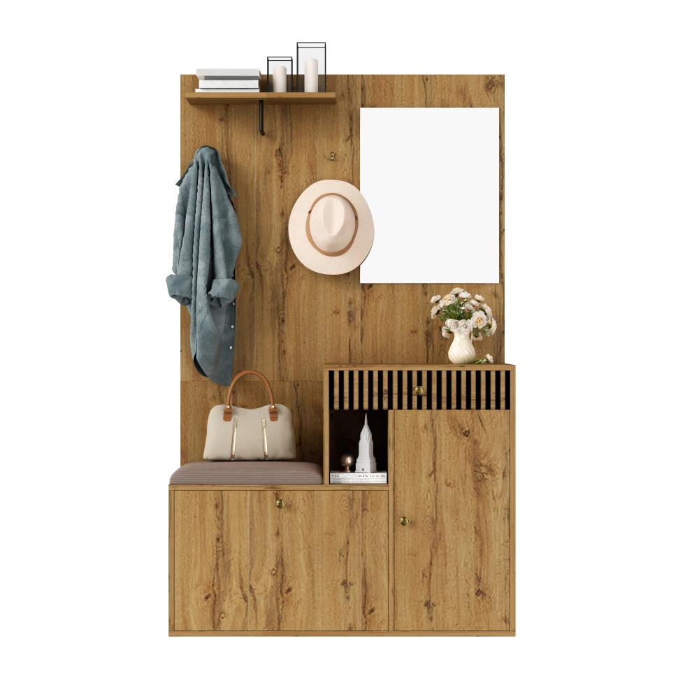 PINGGO Kompaktes Garderoben-Set mit Spiegel und Kissen, Flur-Wandregal, Garderobenpaneele, Schuhschrank für Flur-Aufbewahrung – Detail 10