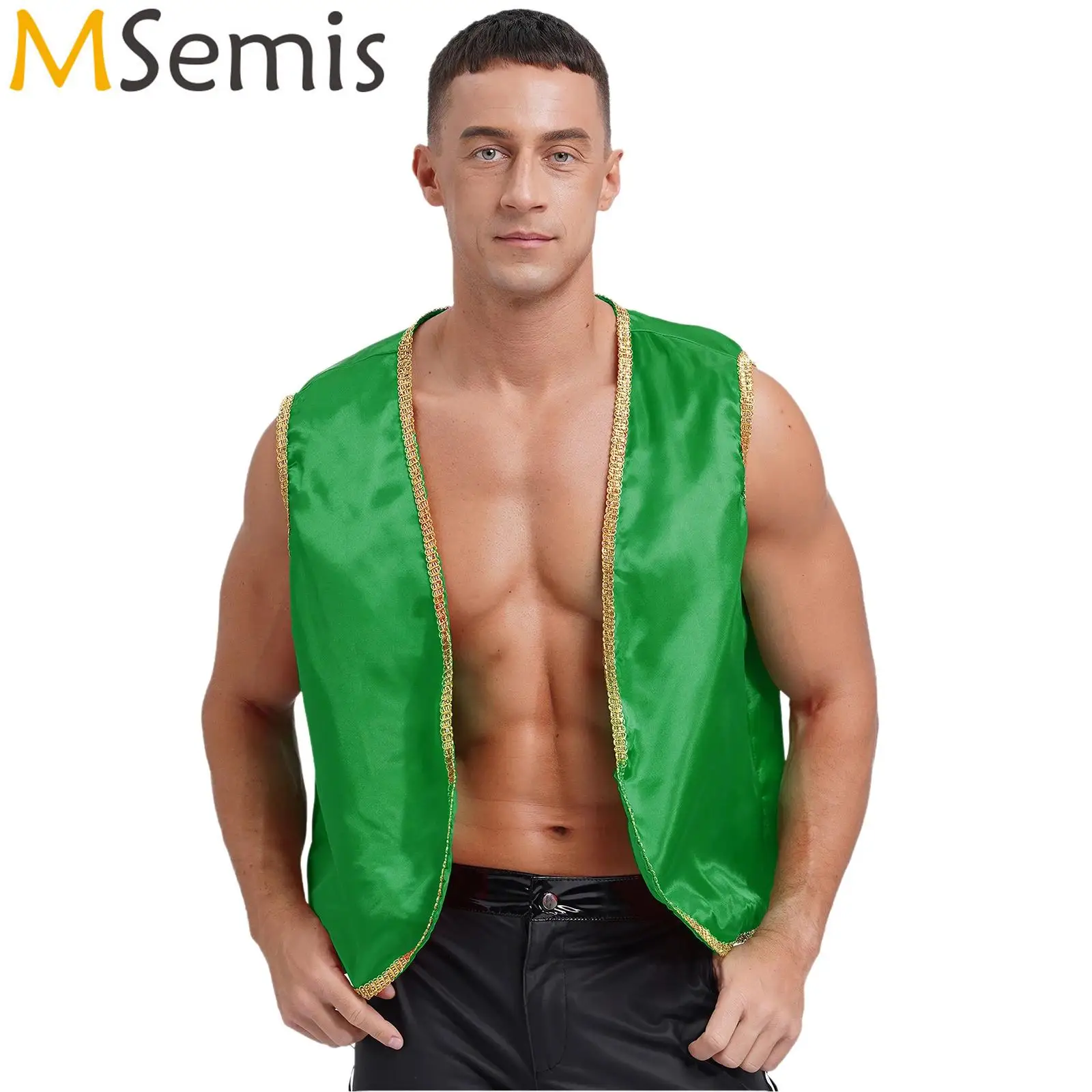 Heren Halloween Arabische Prins Vlek Vest Glanzend Gouden Rand Open Voorkant Gebogen Gilet Indian Arabische Cosplay Dansfeest Kostuums