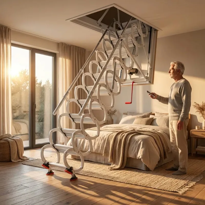 Electric Telescopic Foldable Attic Ladder with Wall-Mounted Retractable Design Aluminum Construction CE Certified 300kg Capacity
