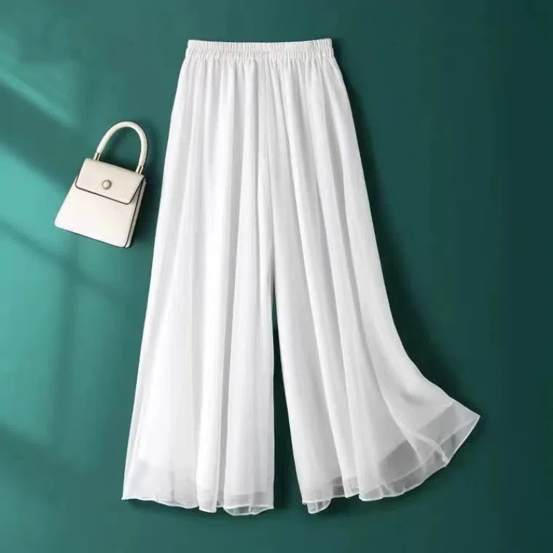 

Simplicity Casual Summer New Solid Pants Women's Elastic Waist Chiffon Fashion Office Lady High Waist Loose Wide Leg Trousers