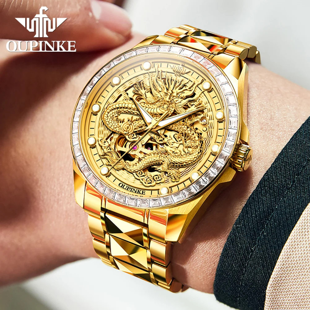 OUPINKE High Quality Automatic Watch for Men Luxury Diamond Hollow Out Dragon Watch Brand Import Movement Mechanical Wristwatch