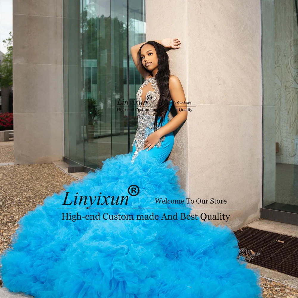 Robes de bal de luxe en diamant pour filles noires, en Tulle, à volants, style sirène, robes de soirée personnalisées, sans manches, suknia studniówka