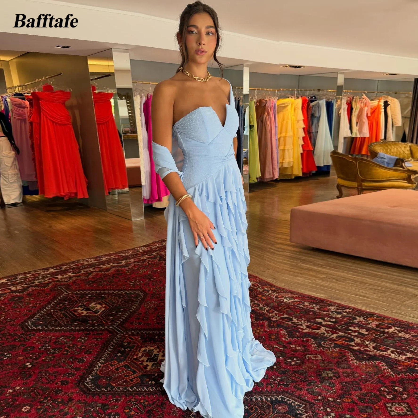 Bafftafe Light Blue Chiffon Customized Prom Dresses Wrap Ruffles Formal Party Women's Evening Wedding Guest Bridesmaid Gowns