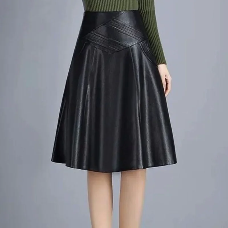 Leather Skirt Women Midi Skirt  A-line Large Size Over The Knee Mid-length High-waist Pleated Skirt Autumn Winter Lady Clothe