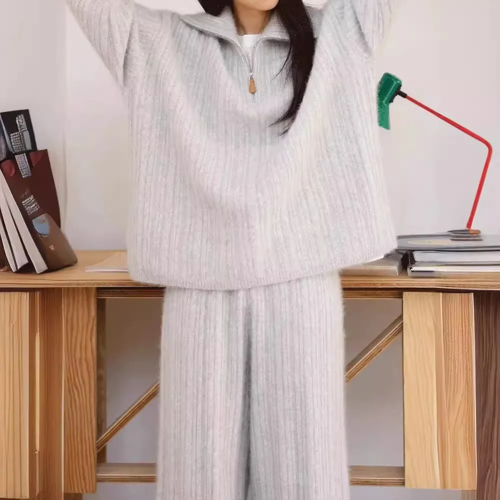 Autumn Winter 2 Pieces Women Sets Knitted Tracksuit Turtleneck Sweater and Straight Jogging Pants Suits E1698