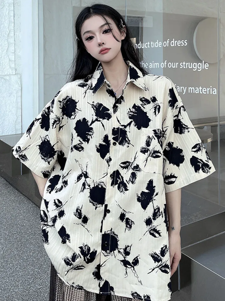 SONNEESD Streetwear Summer Vintage Tooling Style Single-Breasted Short Sleeve Harajuku Flower Printing Loose Blouses Shirt