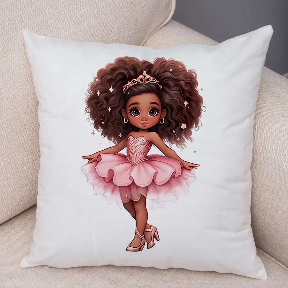 Nordic Style Pink Princess Girl Cushion Cover Decor Cartoon African Girl Pillow Case for Sofa Super Soft Short Plush Pillowcase