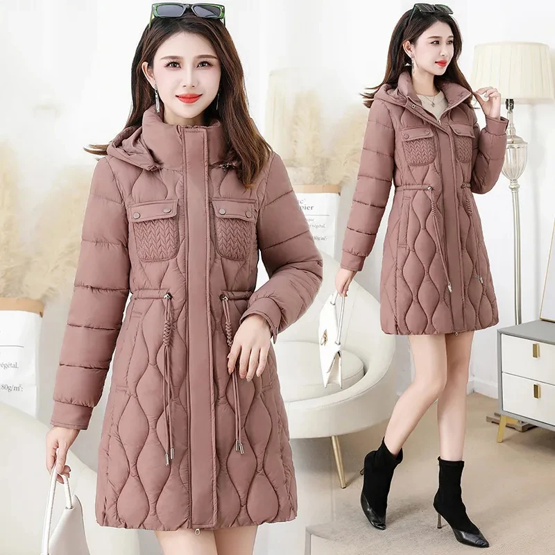 Women\'s High-Grade Down Cotton Coat, Long Thick Warm Padded Jacket, Large Size Female Hooded Parker Overcoat, Autumn, Winter, Ne